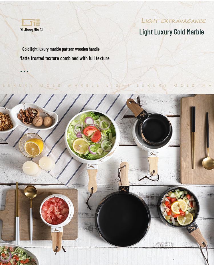 Nordische Minimalistische Keramikschüssel mit Marmormuster und Holzgriff