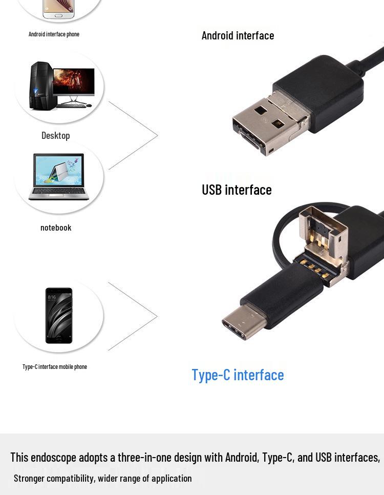 Three-in-One Type-C/MicroUSB Endoscope for Android Phones, 5.5mm, 1m/2m Industrial Scope