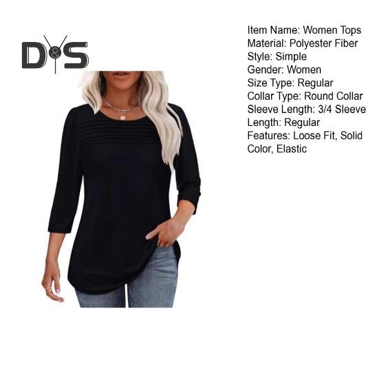 Damen-Oberteile, Rundhalsausschnitt, 3/4-Ärmel, plissierte Bluse, Frühling/Sommer, einfarbig, lockere Passform, lässiges T-Shirt für den Alltag