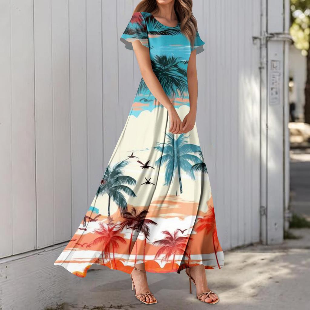 Women's Hawaiian Print Casual Round Neck Short Sleeve High Waist Dress