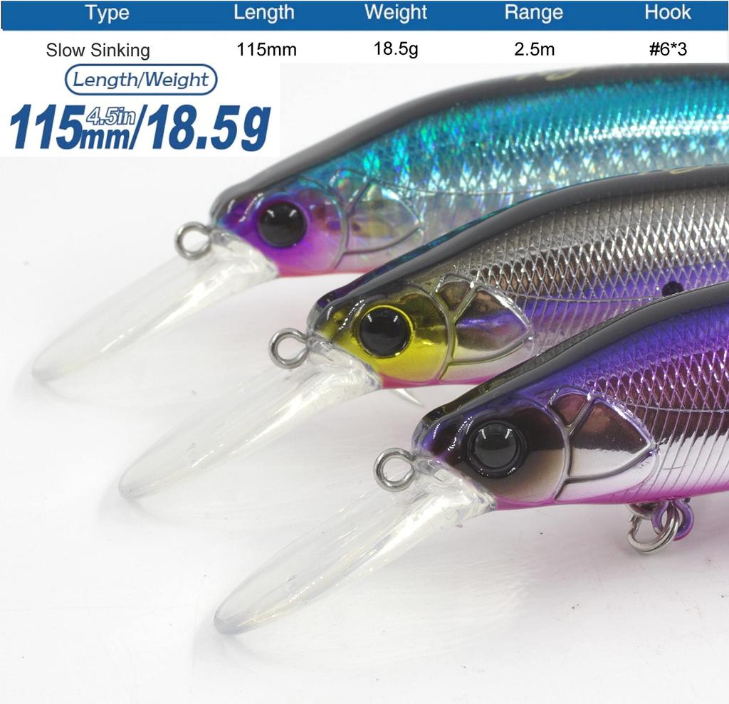 TSURINOYA 115SS Slow Sinking Sea Bass Magnum Plus Lip Length Jerking 80 Series Minnow X Lure, Size, 115mm, 18.5g, Method, (3-Color Set-CDH)