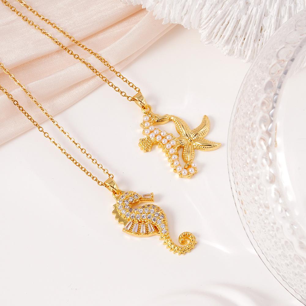 Creative Imitation Pearl Zircon Seahorse Starfish Pendant Necklace Stainless Steel Chain Jewelry Gifts for Women Teen Girls