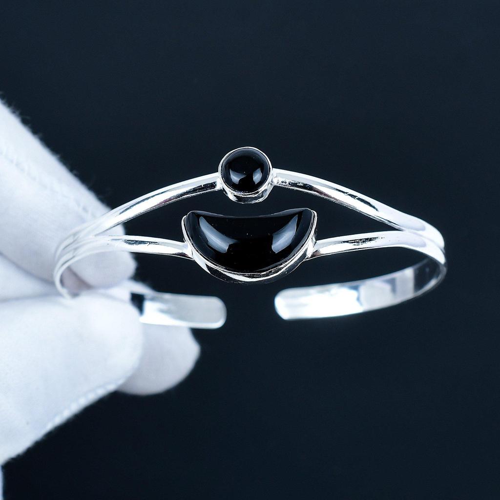 Natural Black Onyx Gemstone Handmade Cuff Bangle 925 Sterling Silver Cuff Bangle, Black Onyx Bracelet For Wife , Unisex Bangle, Wadding Gift