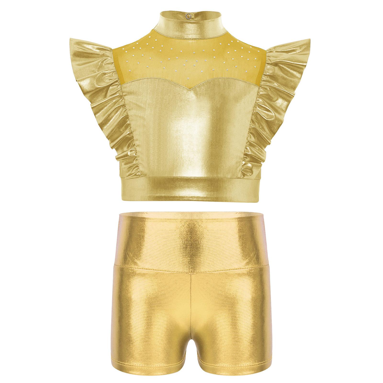 

Kids Jazz Performance Set Rhinestone Adorned Mock Neck Mesh Top Metallic Ruffled Hem and High Waist Shiny Shorts for Party золотий