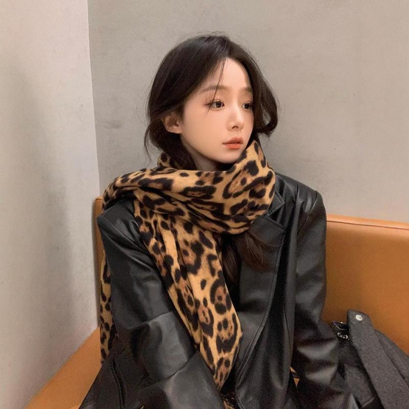 Leopard Print Thickened Warm Fleece-Like Cashmere Scarf Autumn Winter European & Korean Style Fashion Versatile Fringed Shawl