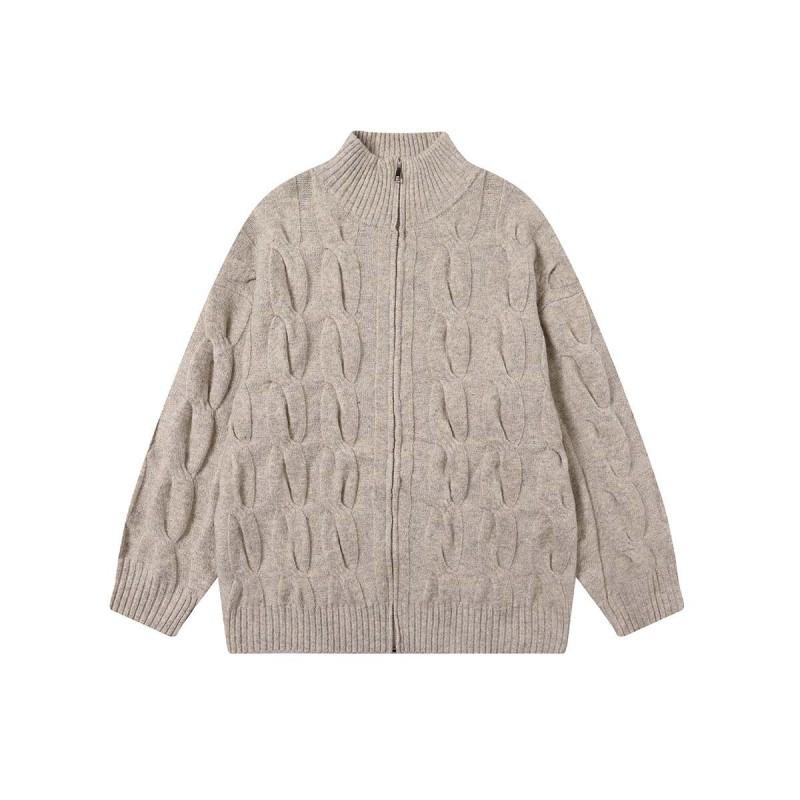 Unisex Vintage Half Turtleneck Cable Knit Cardigan Oversized Zip-Up Sweater Men Women Fall Winter