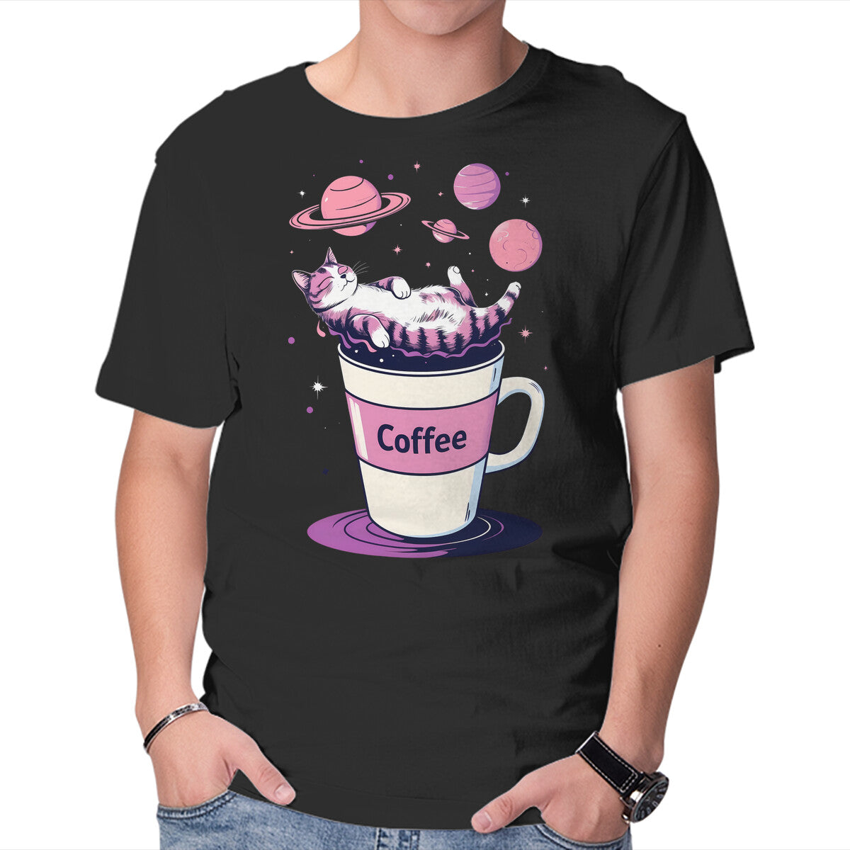 Unisex Crew Neck T-Shirt Galactic Coffee Graphic Short Sleeve Casual Tee L