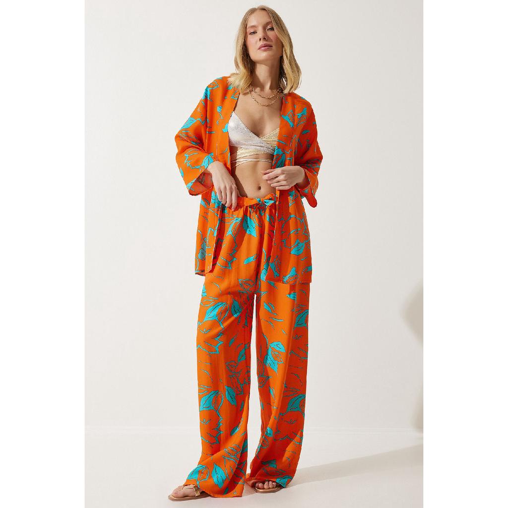 Zestaw damskich spodni kimono palazzo w kolorze pomarańczowym, wzorzystym En00614