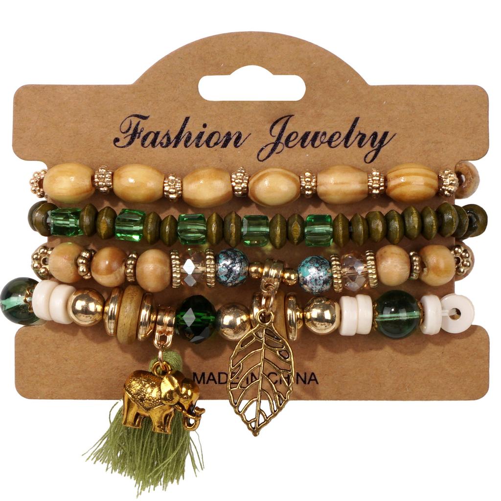4pcs/set Boho Wooden Beaded Bracelet For Women Leaf Tassels Chain Bangle Bohemia Jewelry Accessory