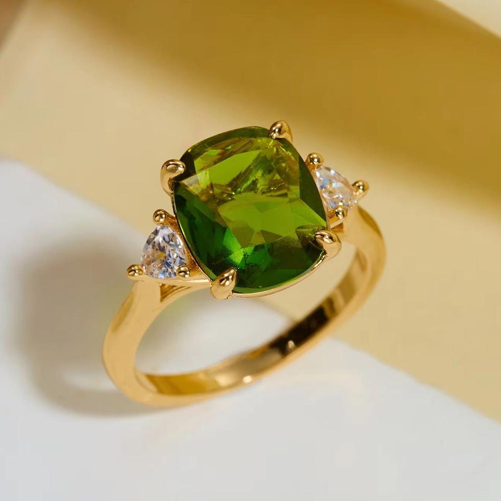 Luxury Fashion Green Zircon Ring For Women Gold Color Shiny Crystal Square Finger Ring Wedding Party Anniversary Charm Jewelry
