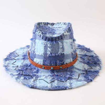 European and American Classic Vintage Distressed Plaid Frayed Jazz Hat, Men's and Women's Outdoor Sun-protection Wide-brim Western Cowboy Hat