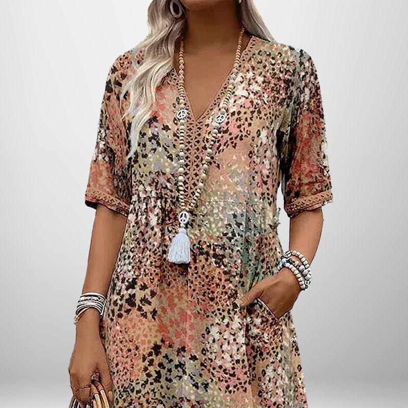 

Новая летняя женская одежда Элегантное и модное платье с принтом, V-образным вырезом и короткими рукавами S