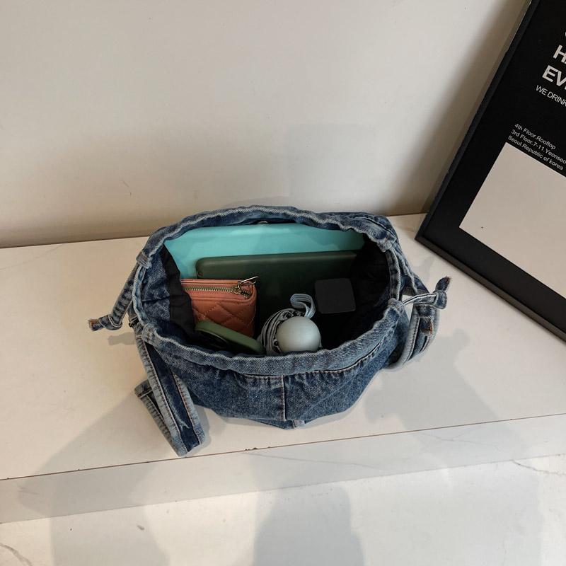 Vintage Denim Schultertasche Damen Kordelzug Bucket Bag Pendler Crossbody Bag