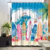 Beach Surfing Theme Shower Curtain - Creative Colorful Surfboard & Tropical Waves, Cute Female Surfer, Polyester Bathroom Decor