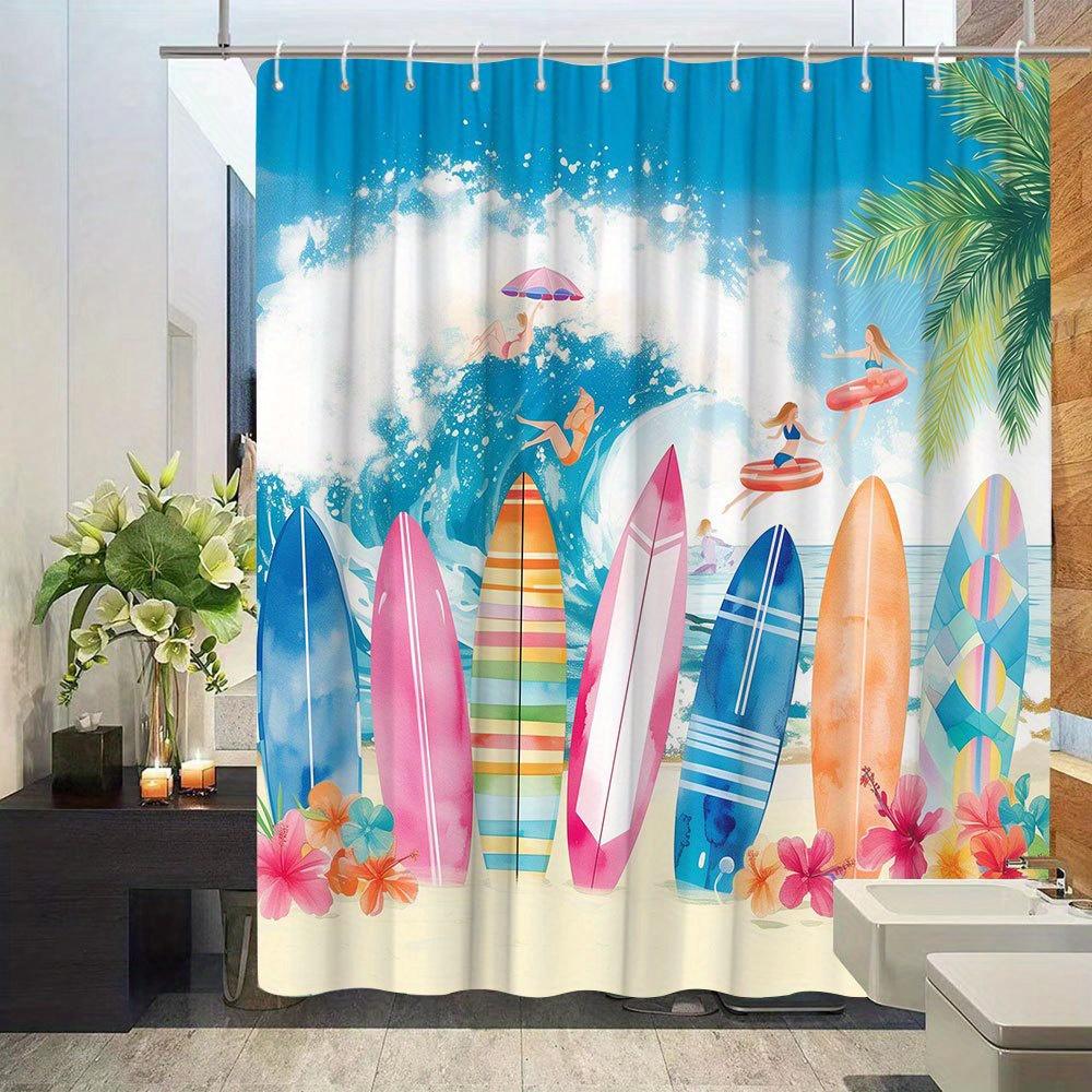 Beach Surfing Theme Shower Curtain - Creative Colorful Surfboard & Tropical Waves, Cute Female Surfer, Polyester Bathroom Decor