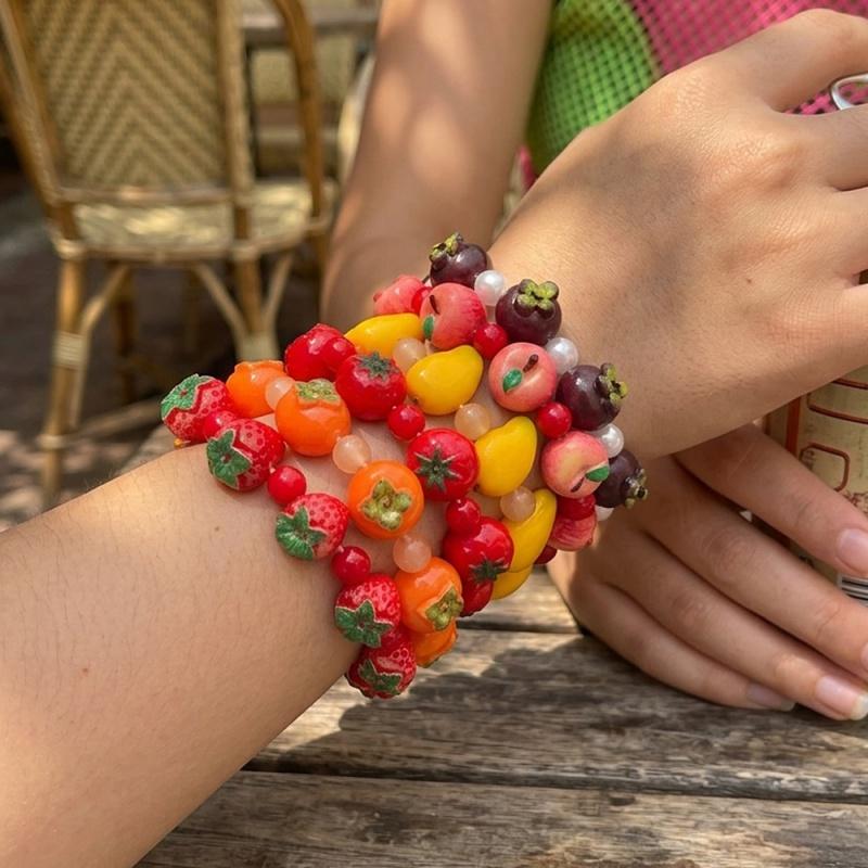 Colorful Fruit Beaded Stretch Bracelet with 3D Strawberry Orange Charms for Women