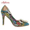 Aphixta 2025 New Pearl Buckle Pointed Toe 3.94 Inch Thin Heels Women Shoes Snake Prints Leather  Leisure Plus Size 46