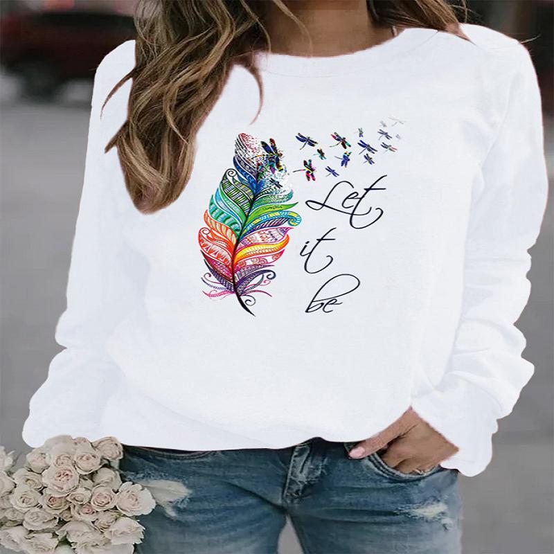 

Women Autumn Winter Feather Printed Long Sleeves Round Neck Loose Fleece S