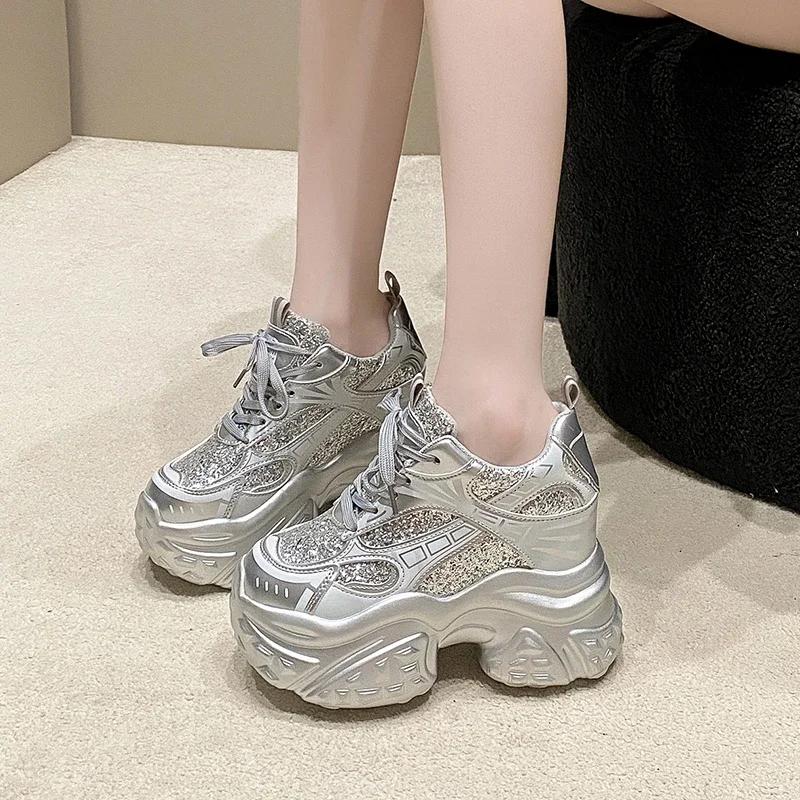 Fashion 10.5CM New 2024 Thick Bottom Bling Leather Chunky Sneakers Breathable Sport Ankle Boots Women Comfy Heels Autumn Vulcanize Shoes