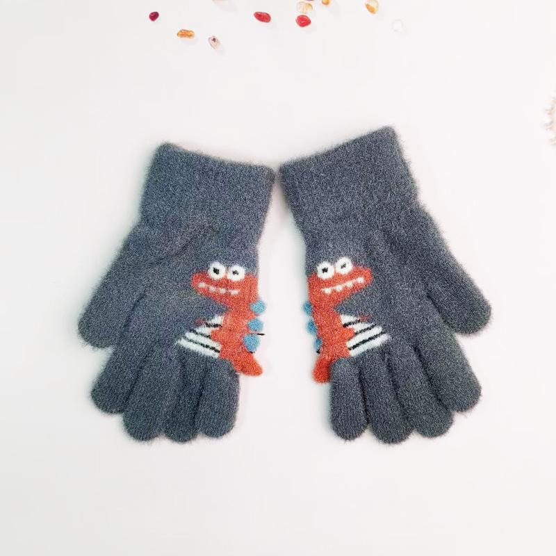 4-8 Year Old Winter Children's Thick Knitted Gloves Cartoon Dinosaur Warm Plush Children's Winter Children's Finger Gloves