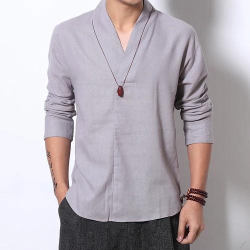 Linen Shirt Men 2025 Mens Spring Long Sleeve V-Neck Shirts Men Chinese Style Cotton Shirts Male Casual Soild Color Blouse