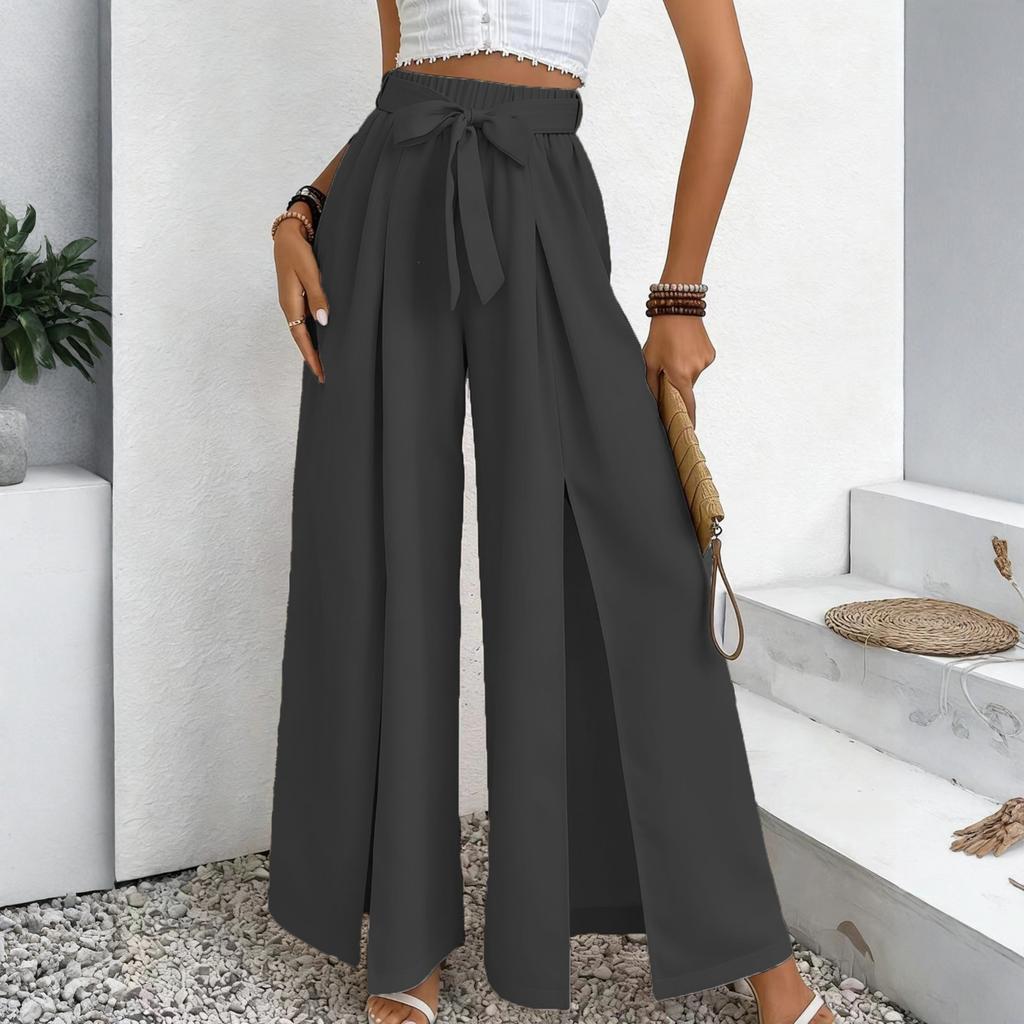 Women's -Color Casual High-Waisted Wide-Leg Trousers With Drawstring