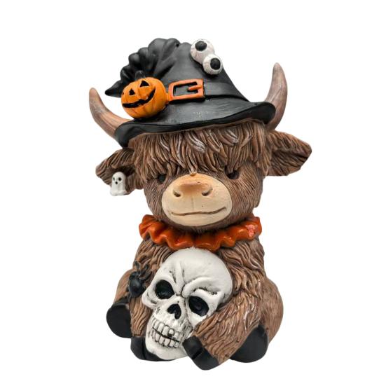 1/2Pcs Halloween Highland Cow Figurine Pumpkin Skull Highland Cattle Statue