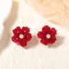 2024 autumn and winter, Ankara red handmade beaded imitation pearl flower stud earrings simple and versatile daily women's models