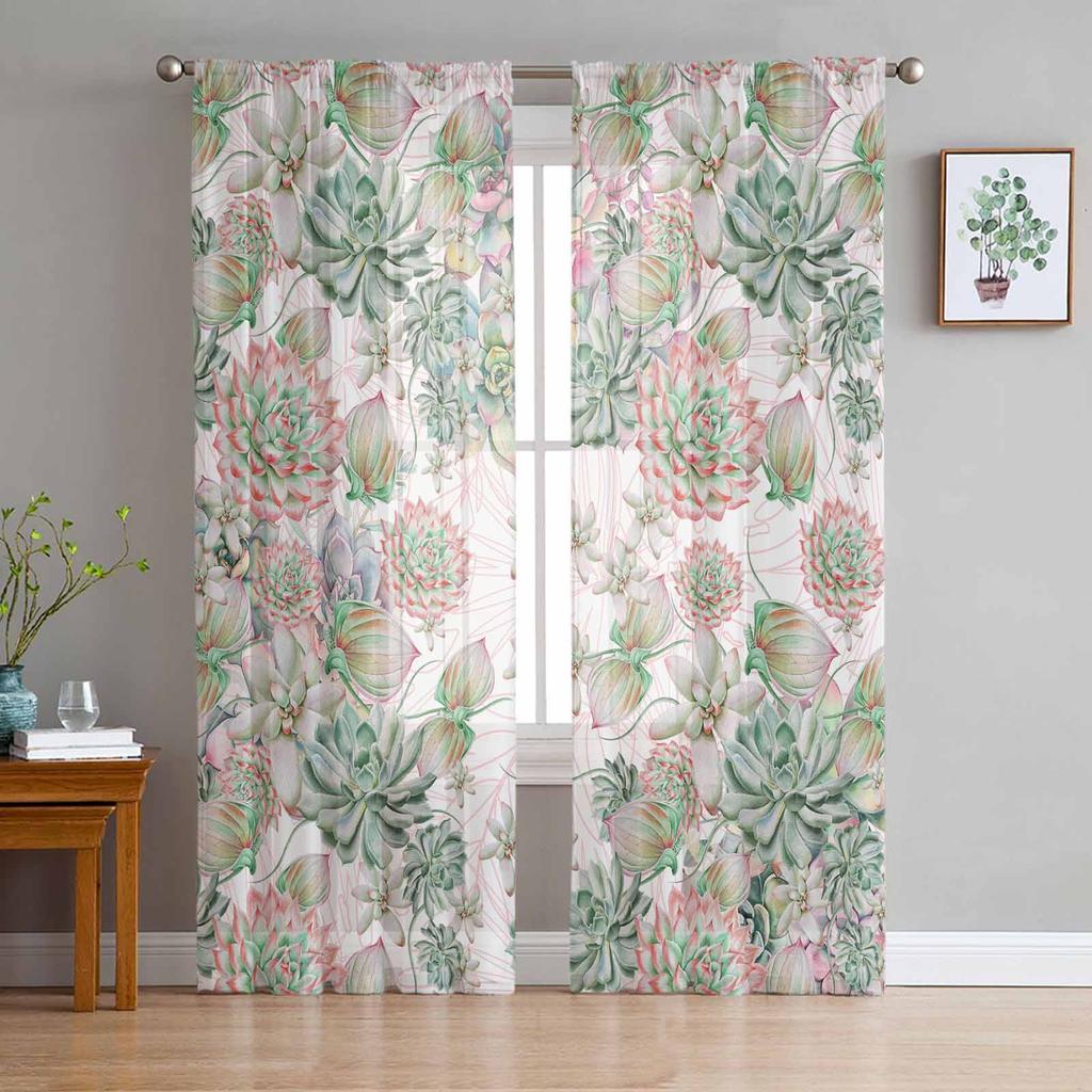 Summer Watercolor Tropical Plants Voile Sheer Curtains Living Room Window Tulle Curtain Kitchen Bedroom Drapes Home Decor