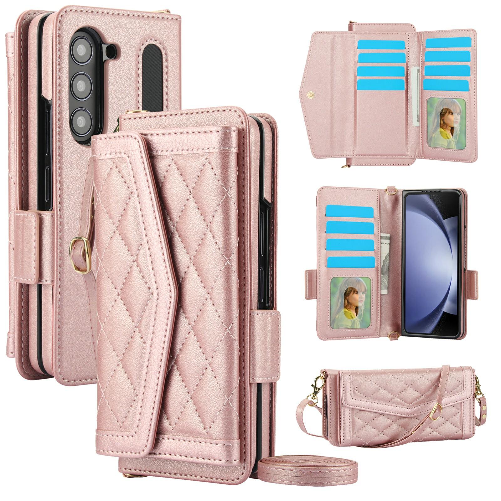

For Samsung Galaxy Z Fold5 5G Case Quilted Design PU Leather Wallet Phone Cover with Shoulder Strap Rose Gold