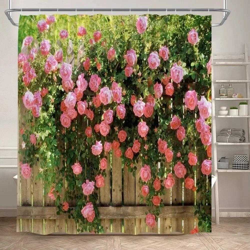 Fence Flowers Shower Curtains Blue Window Nature Floral Plants Scenery Modern Garden Wall Hanging Home Bathroom Decor With Hooks