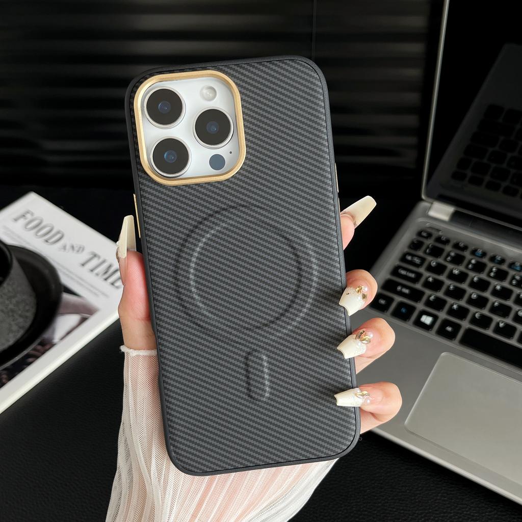 For IPhone 16 ProMax Kevlar Carbon Brazing Pattern Phone Case Magnetic for Apple 15 with Metal Lens Ring