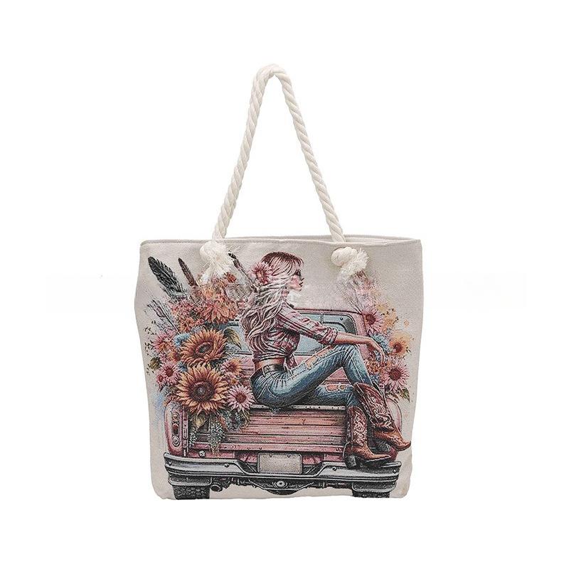 Spring New Large Capacity Double-Sided Tote Bag for Women Retro Oil Painting Style Shoulder Handbag