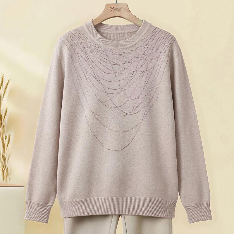 Women Plus Size Crew Neck Knit Sweater Rhinestone Decor Soft Long Sleeve Casual Pullover Top