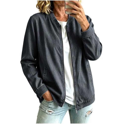 Women's Retro Long Sleeve Denim Jacket with Lapel Collar for Casual Fashion