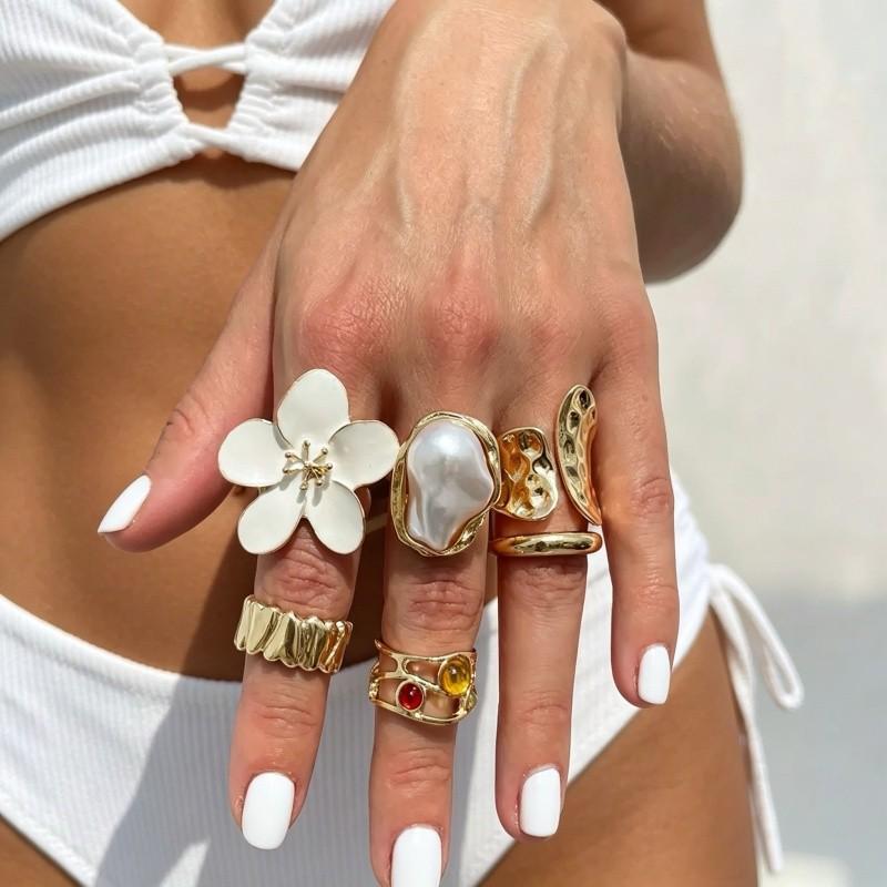Trendy Cross-Border Metal Flower Open Ring Set - Women's Fashion Accessories