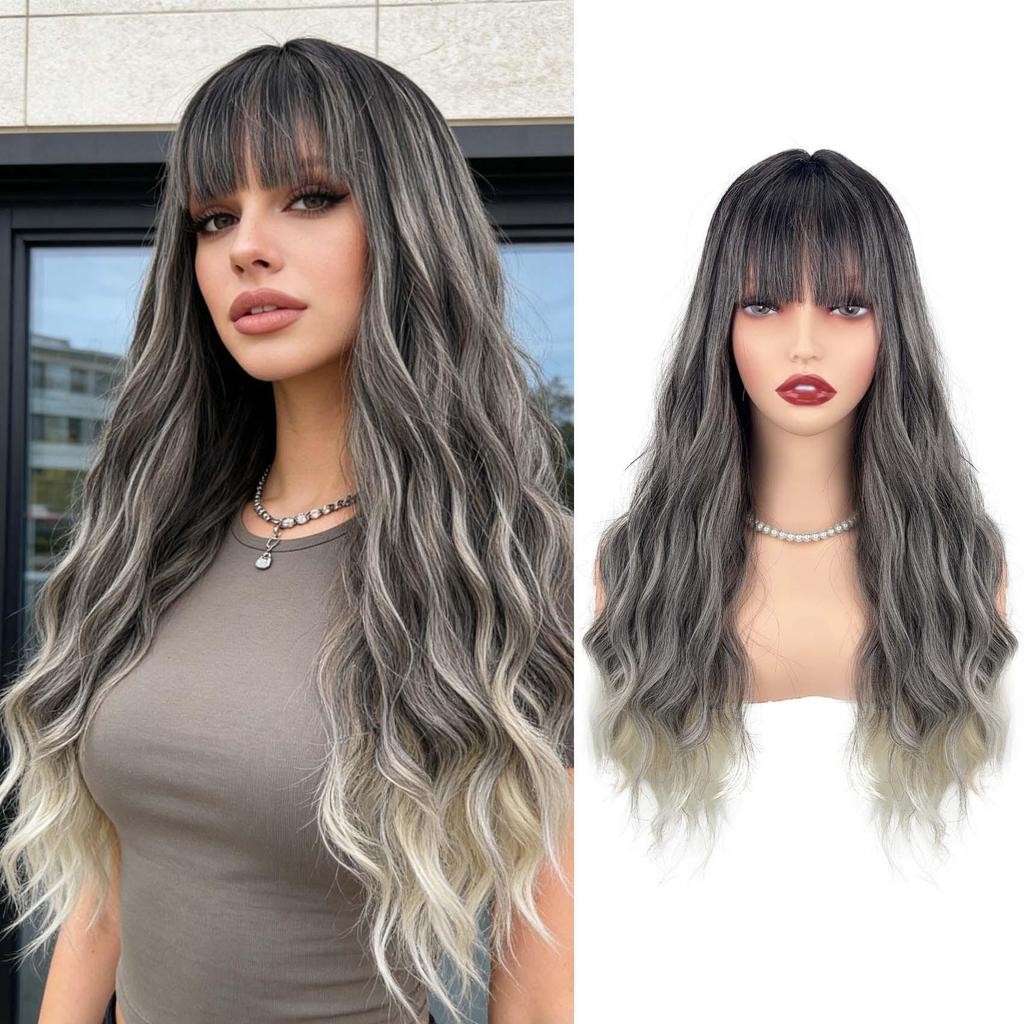 Wavy Long Curly Hair Wig with Bangs - Breathable Natural Look