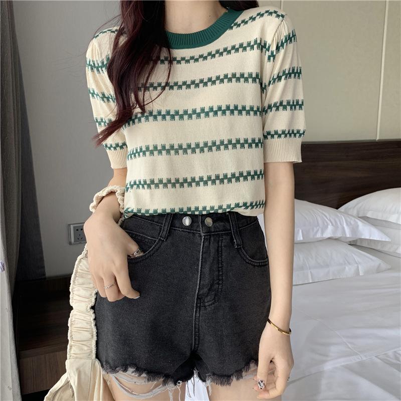 Sommer Locker Dünner Pullover Gestreift Rundhals Kurzarm Strickshirt Dünne Oberteile Damen Lässig Essentiell Komfort und Stil Slim Fit Pullover T-Shirts