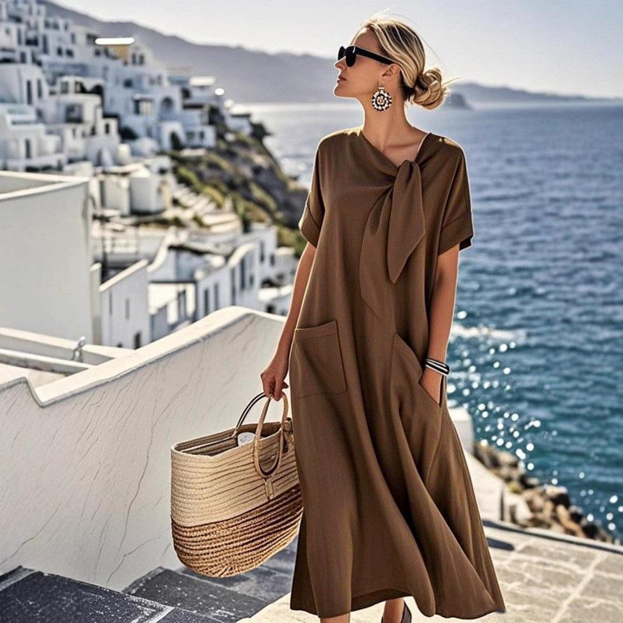 Women's Bow Tie Neck Short Sleeve Loose Fit Linen Blend Casual Vacation Maxi Long Dress