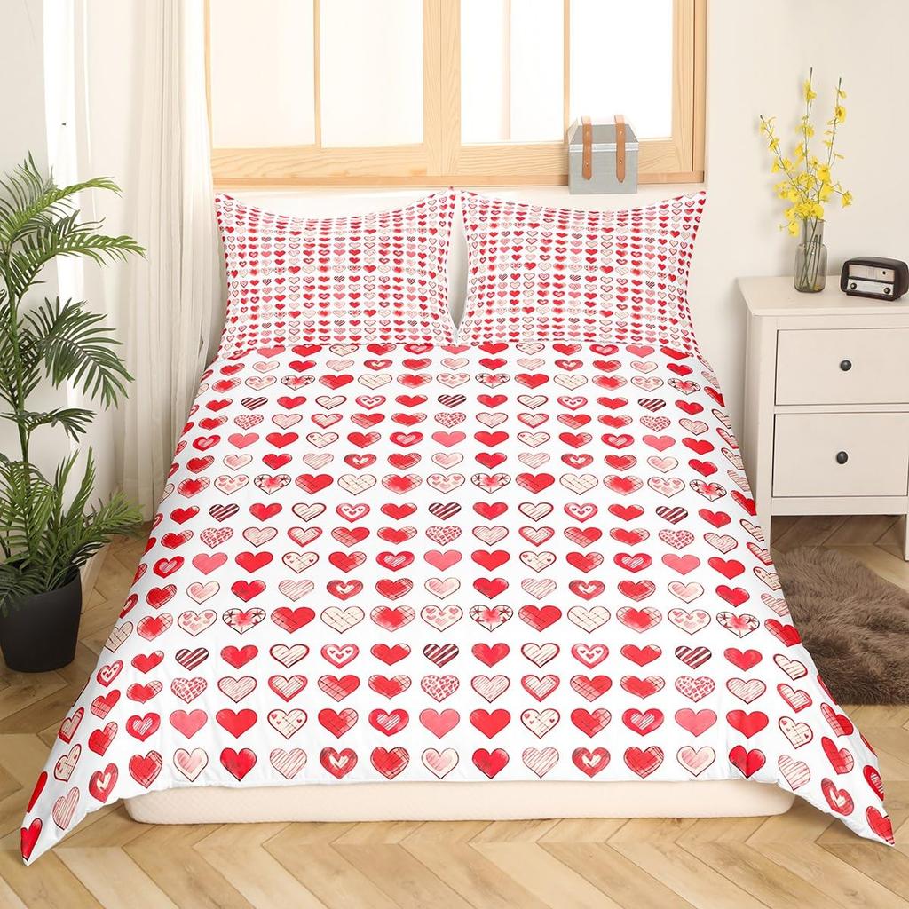 Red Love Heart Duvet Cover For Couples,Bow Romantic Bedding Set Valentines Day Loving Hearts Quilt Cover Wedding Comforter Cover