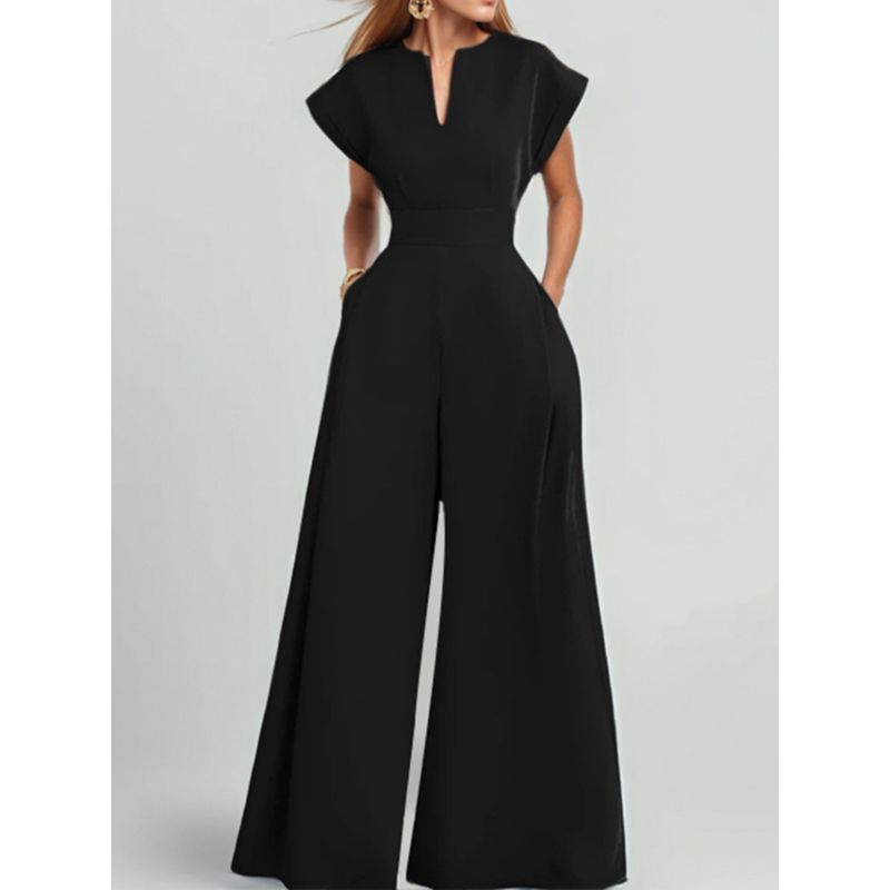 European and American Loose Fashion Short Sleeve V-neck Solid Wide Leg Jumpsuit V-Neck Wide Leg Jumpsuit