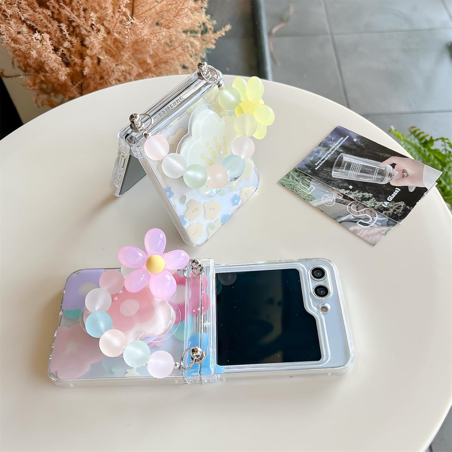 for Samsung Galaxy Z Flip 5 Case Cute, Funny Floral Cartoon Pattern,3D Flowers Pearl Kawaii Bracelet Woman Protective Shell for Z Flip 5 Phone Case