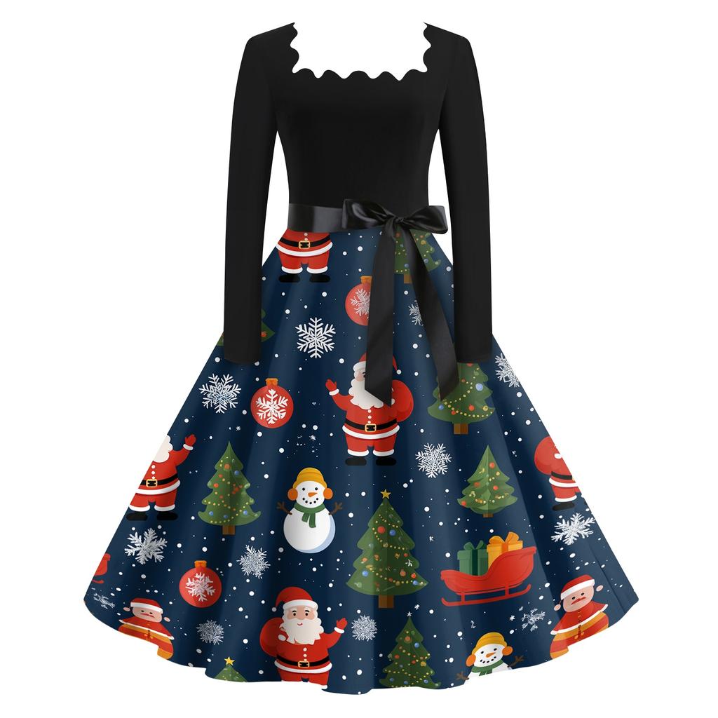 Women's Casual Christmas Print Square Neck Vintage Dress for Holiday Party and Everyday Wear
