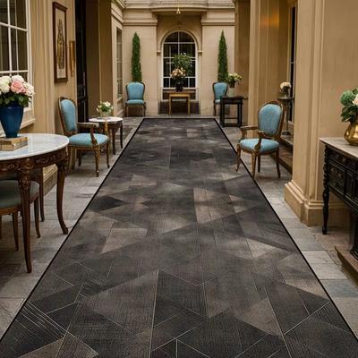 Dark Geometric Runner Carpet, Monochrome Pattern Rug for Hallway & Corridor, Textured Floor Mat for Modern Industrial Spaces