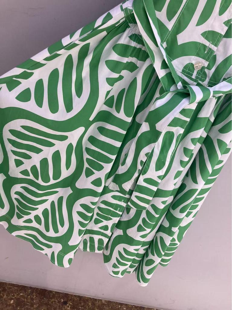 DVF Early Autumn Green & White Palm Leaf Dress with Waist Belt - Flattering Resort Fashion