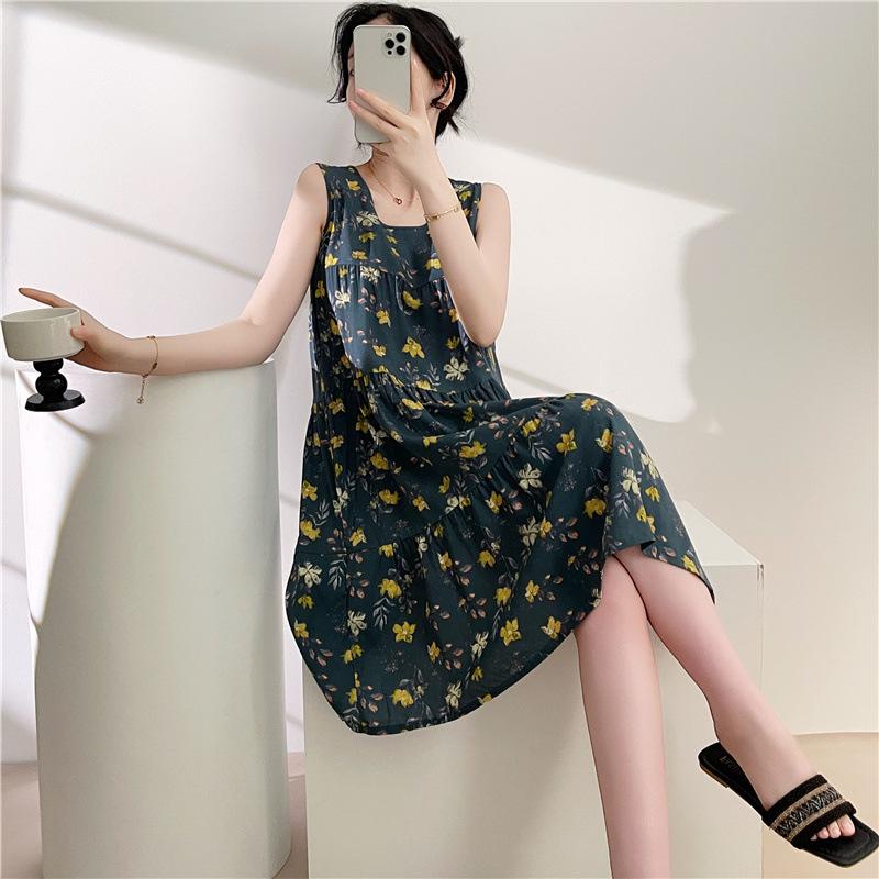 Women's Cotton and Silk Nightgown Summer Thin Internet Celebrity Large Size Printed Pajamas New Sleeveless Loungewear