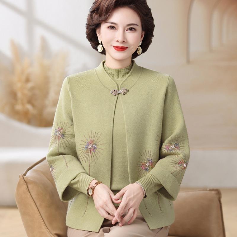 Middle-aged and Old Women's Cardigan Natal Year Sweater Jacket Mother Spring and Autumn Red Knitted Two-piece Autumn and Winter Bottoming Shirt