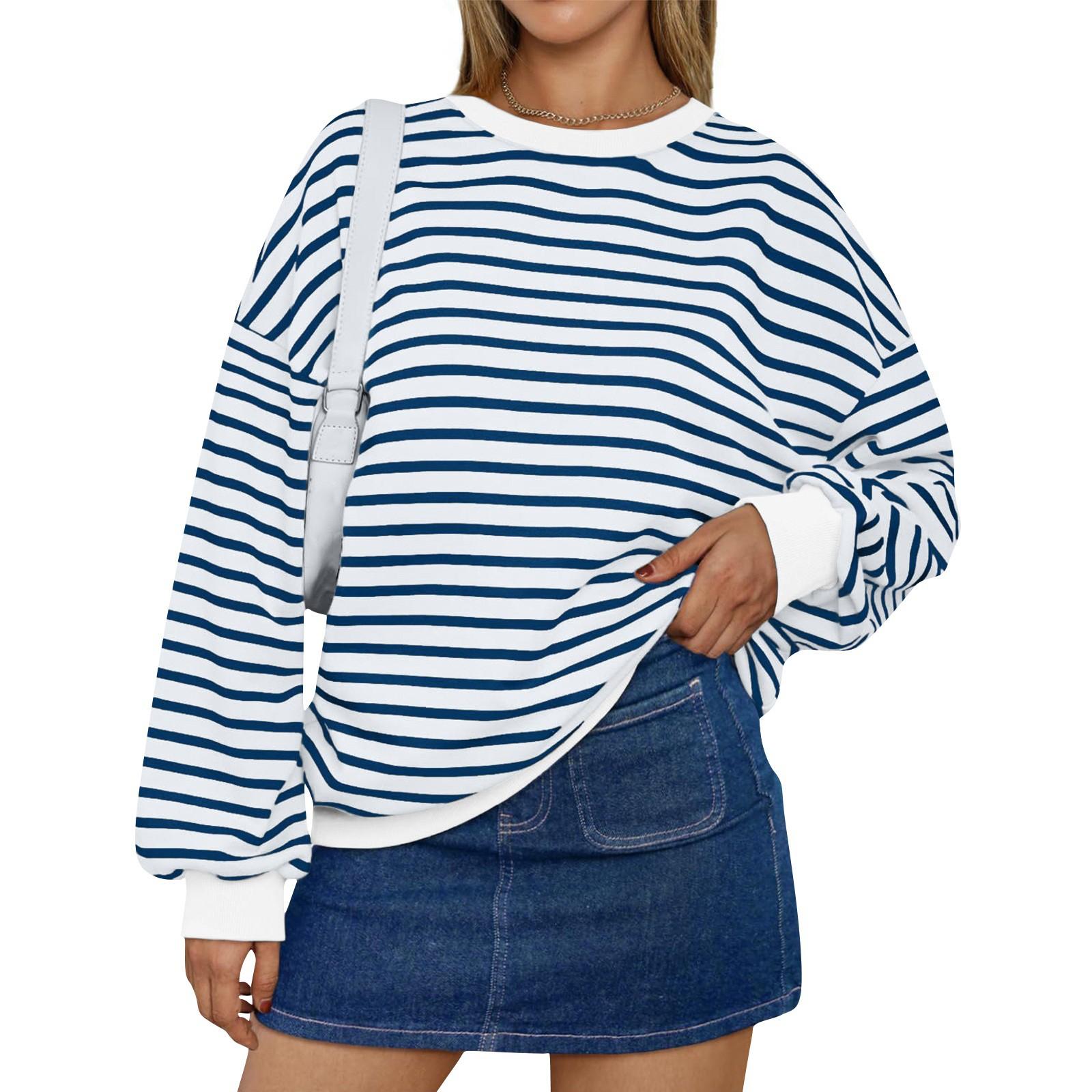 

Женская мода круглый вырез полосатый длинный рукав повседневный спортивный свитер топ XL синий