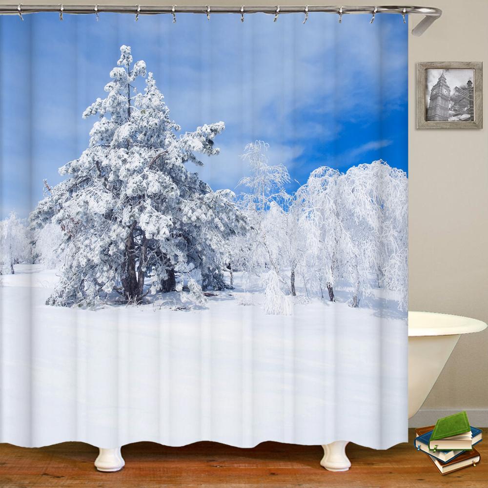 Natural Landscape Shower Curtains Bathroom Curtain Snow Scene Cedar Waterproof Polyester Bath Curtain Home Decorationwith Hooks