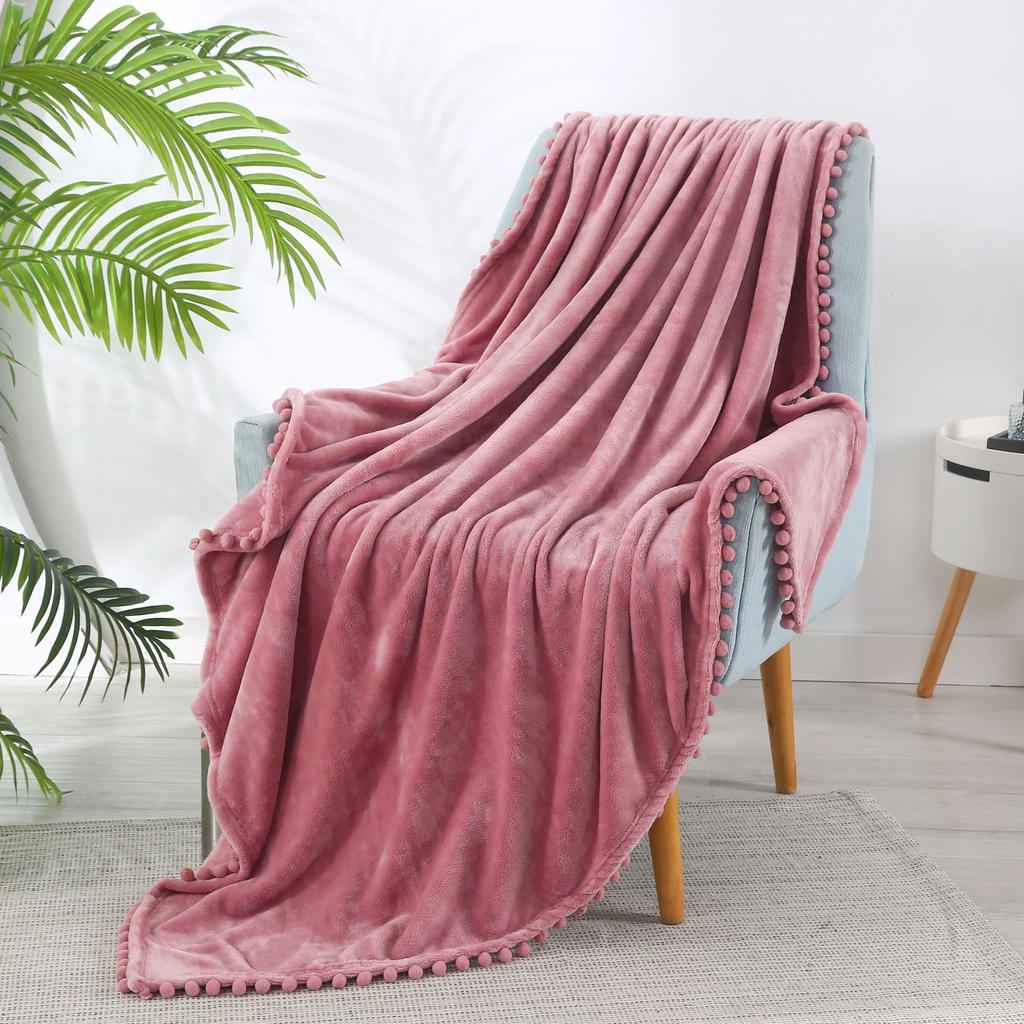 Winter Flannel Tassel Ball Blankets for Beds Warm Lightweight Plush Fleece Sofa Cover Decor European Style Solid Shawl Blanket